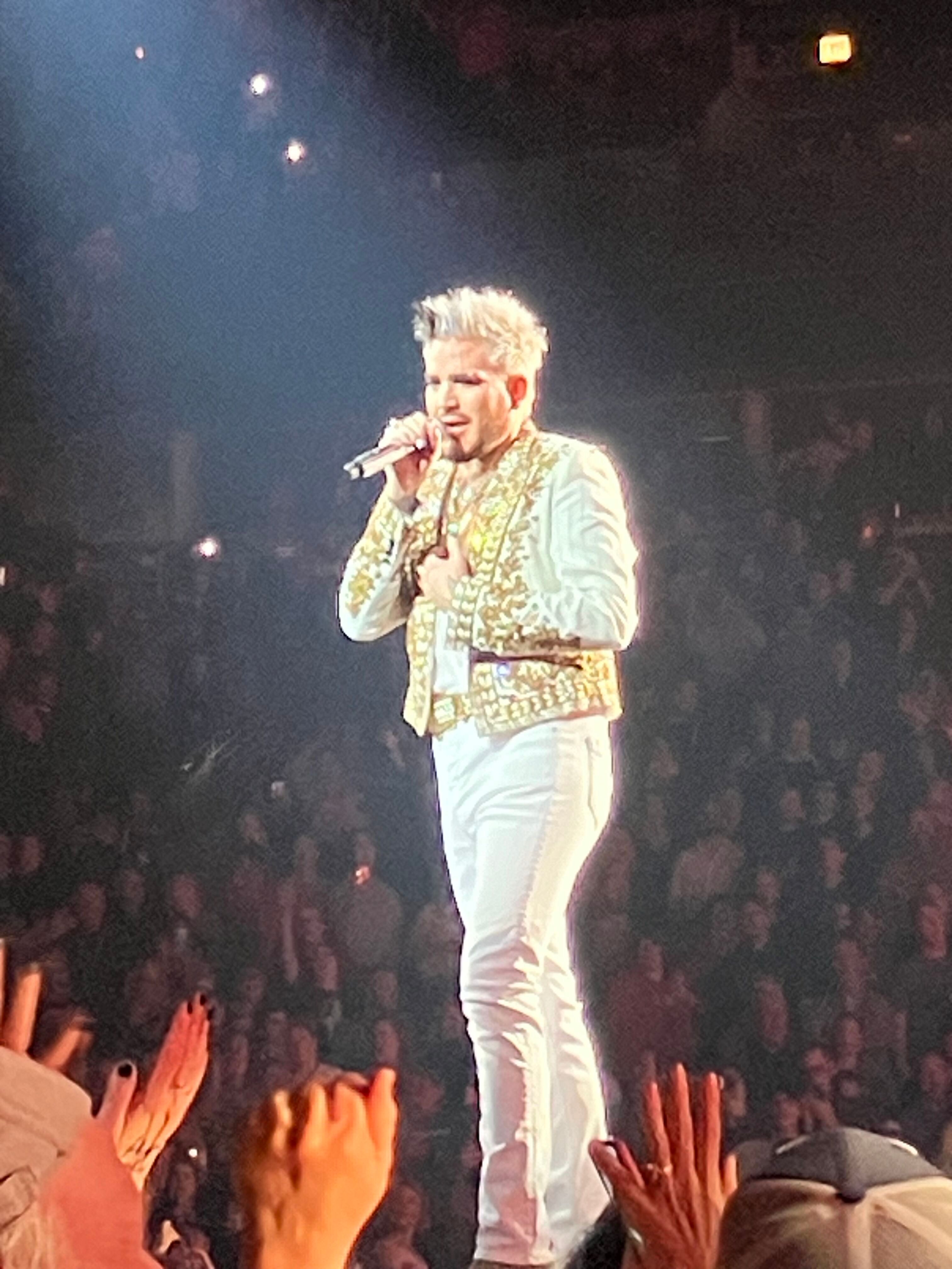 Adam Lambert singing in a gold jacket with fans' hands raised