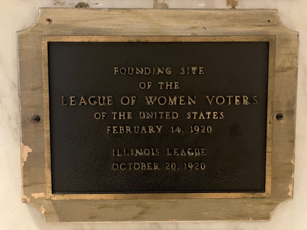 Plaque marking the Congress Hotel as the birthplace of the League of Women Voters of the United States, February 14, 1920