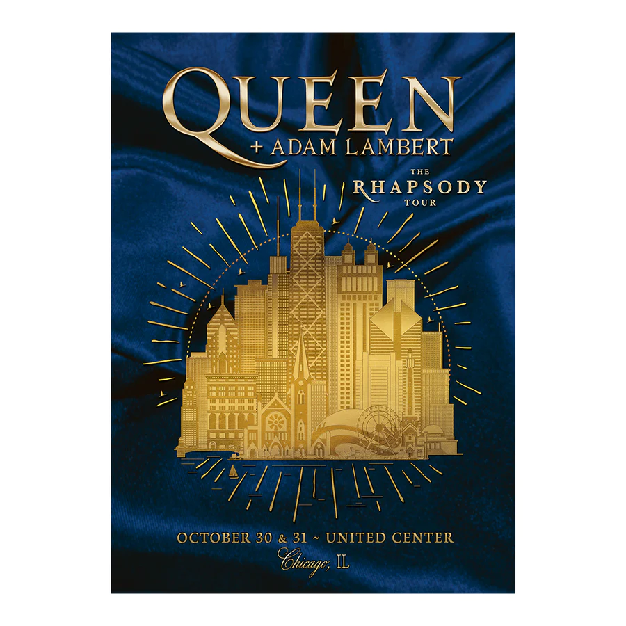 Gold-and-blue poster for Queen + Adam Lambert, The Rhapsody Tour, United Center