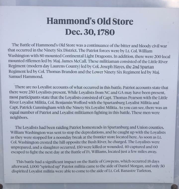 Interpretive sign about the Battle of Hammond's Old Store, December 30, 1780