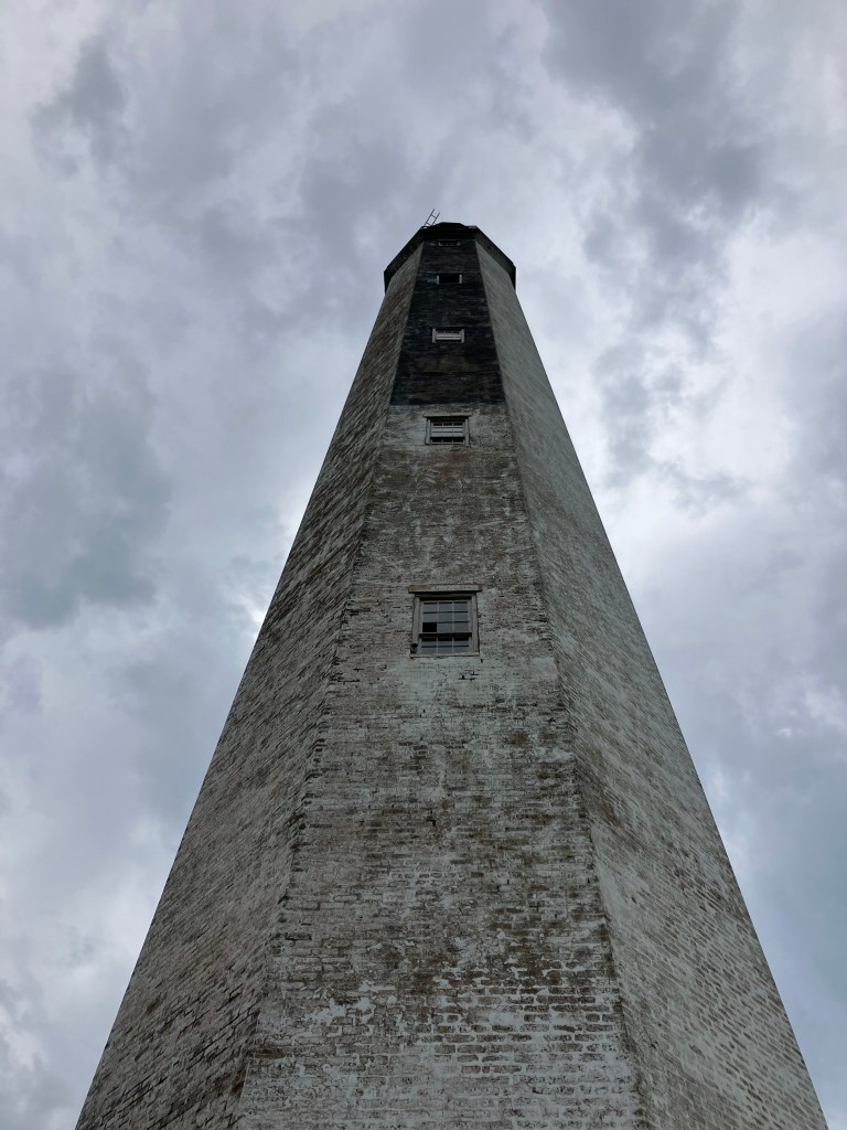 Looking up the tapering brick tower of the Cape Romain Lighthouse