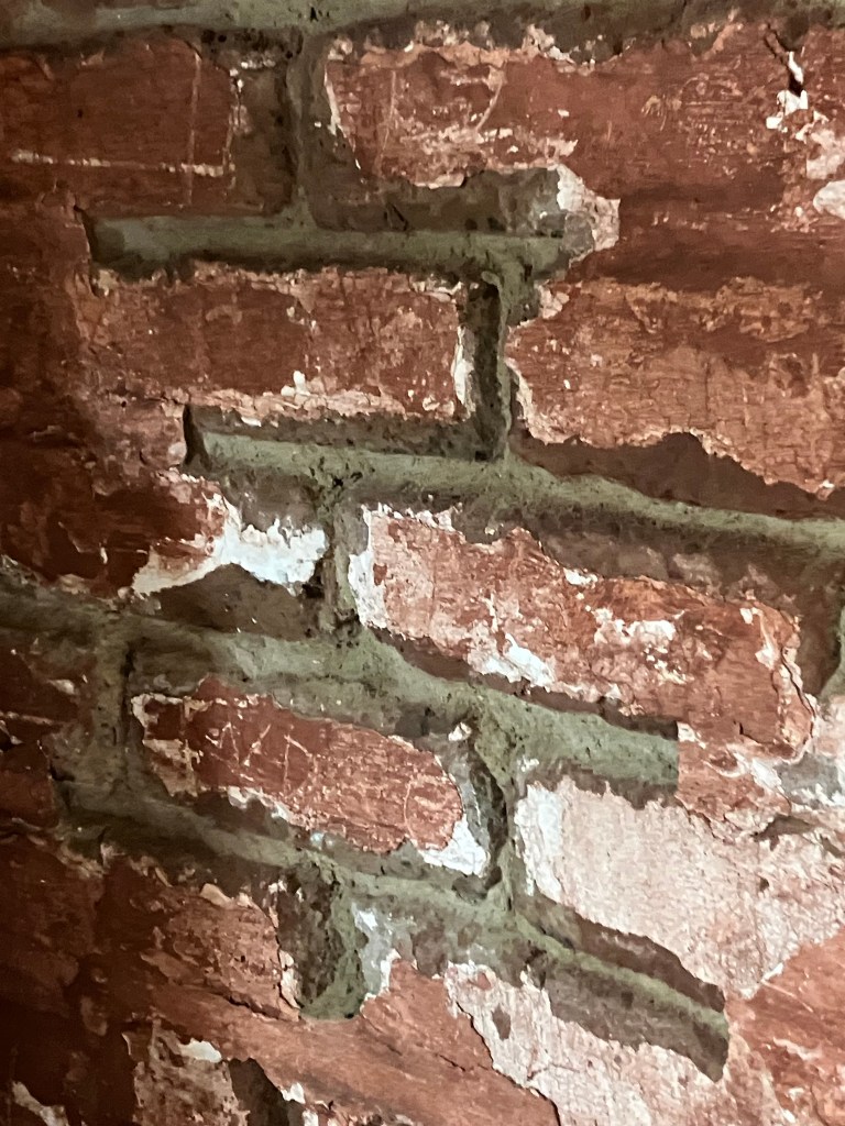 Close view of old red brick and mortar