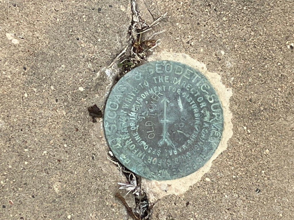 Brass survey benchmark disk set in concrete