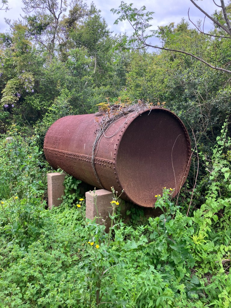 Rusted cylindrical iron tank on concrete supports