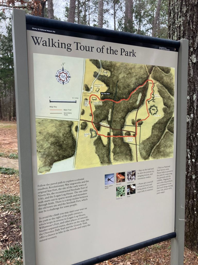 Park sign titled Walking Tour of the Park with a map of the trail at Ninety Six National Historic Site
