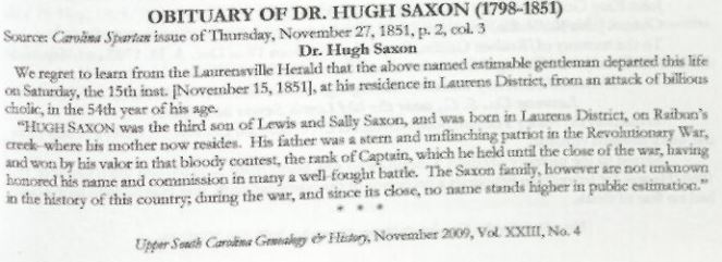Transcribed obituary of Dr. Hugh Saxon, 1796–1855, from an upper South Carolina newspaper