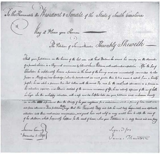 Handwritten petition from James Thurston to the President and Senate of South Carolina, requesting relief as a wartime prisoner
