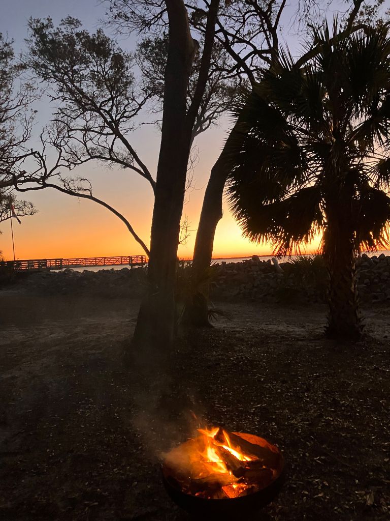 Campfire burning under the trees with a sunset over the water