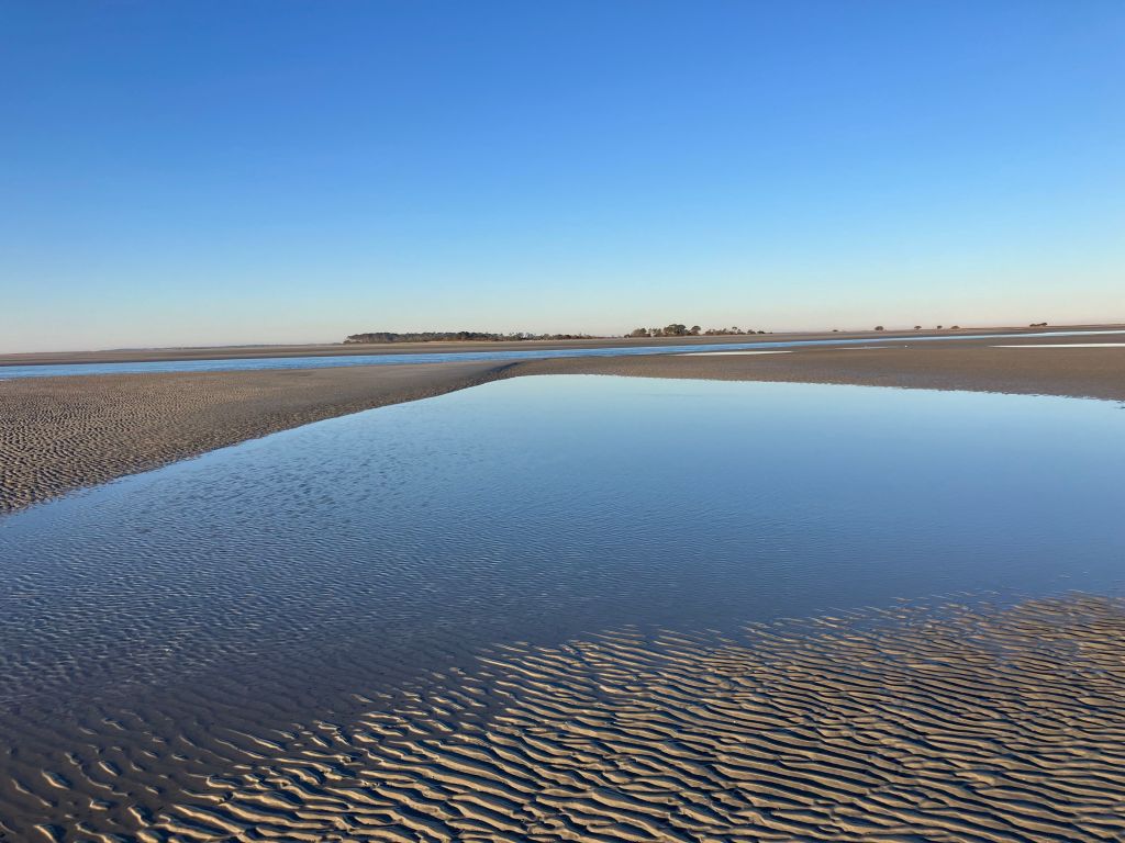 Shallow tidal pool on the beach under a blue sky
