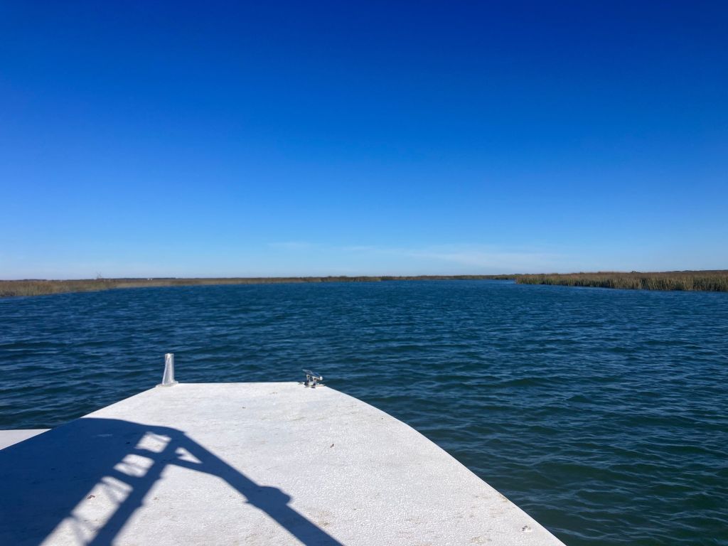 Boat bow pointed toward the distant island marsh