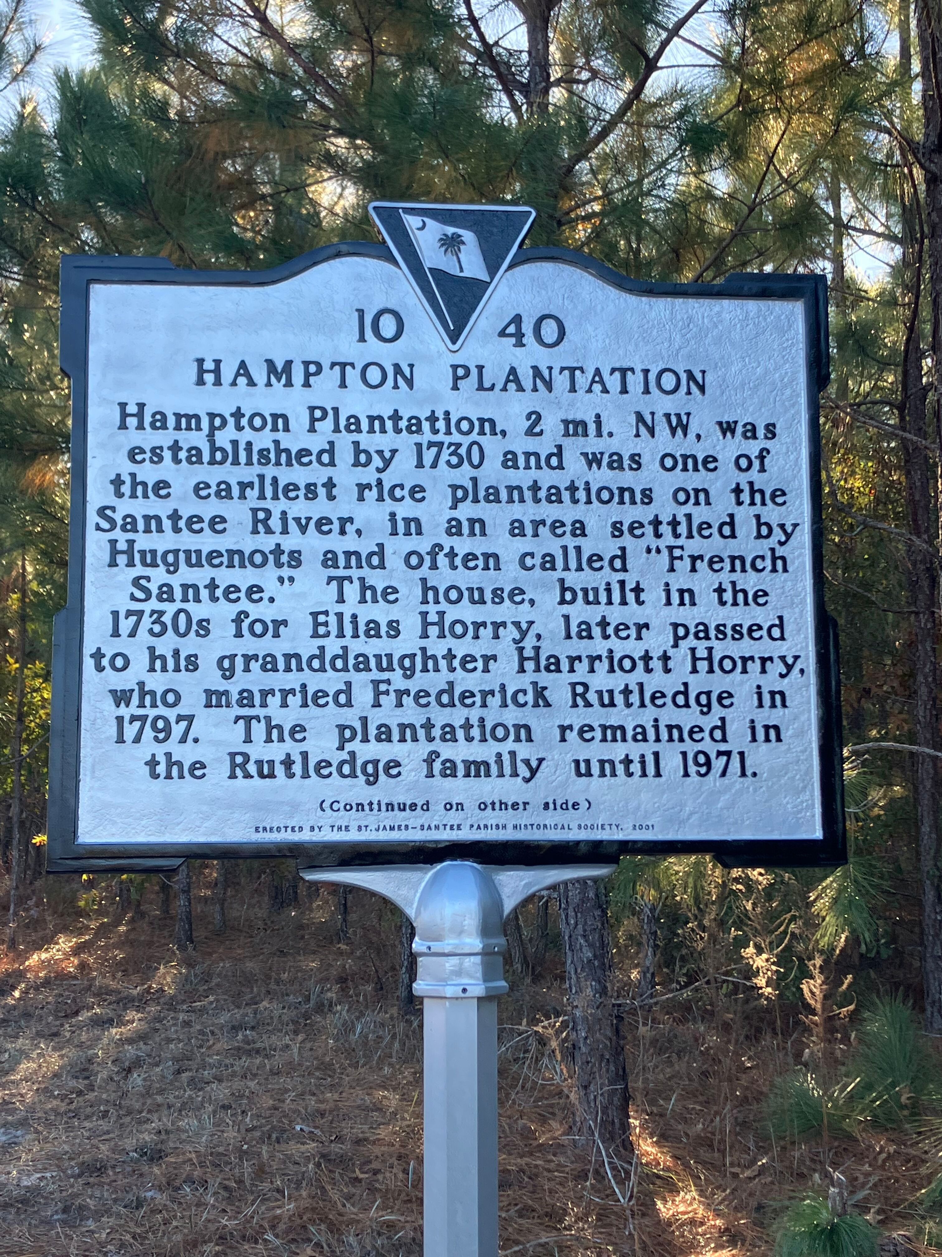 Front of the Hampton Plantation historical marker 10-40