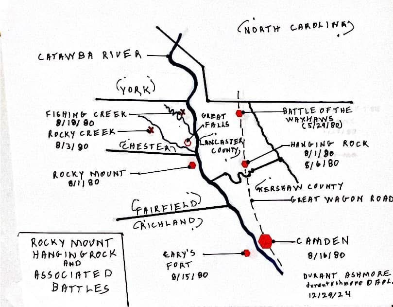 Hand-drawn map by Durant Ashmore of the Catawba River Valley battlefield tour route, from Rocky Mount and Fishing Creek to Hanging Rock and Camden