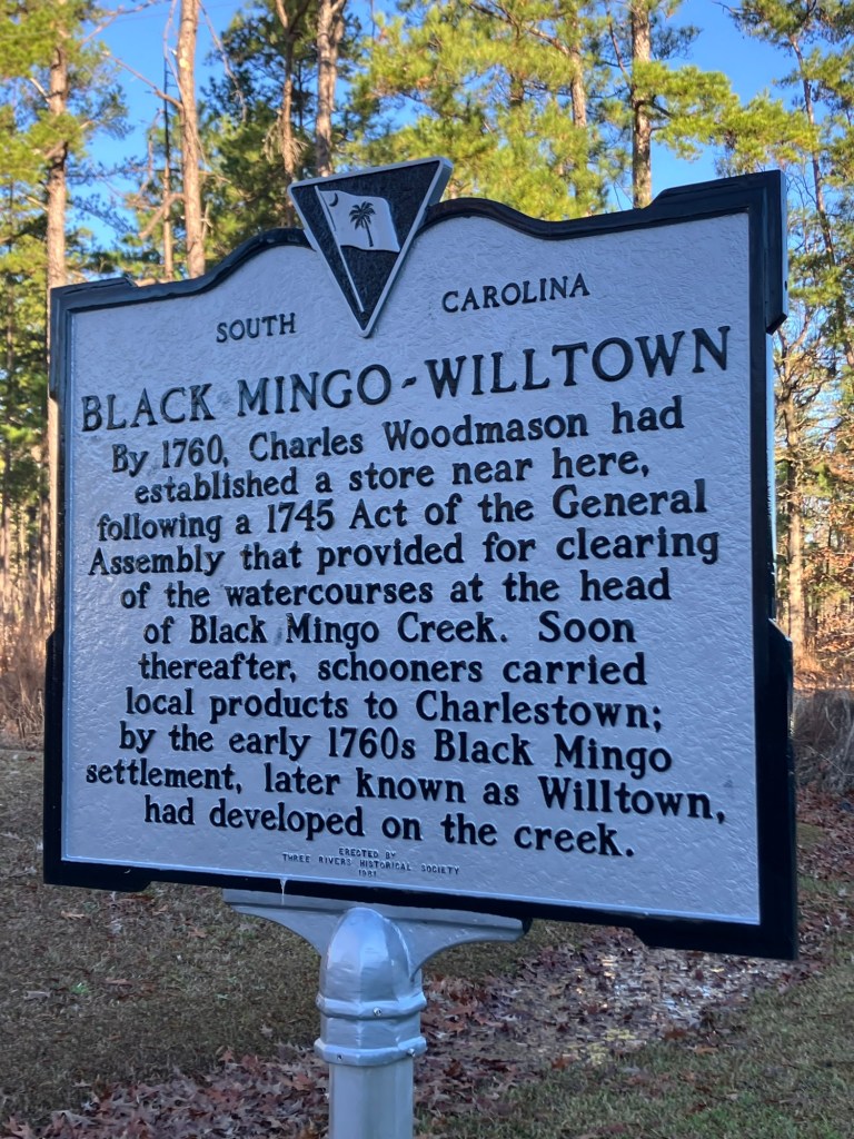 South Carolina historical marker for Black Mingo–Willtown, a settlement on Black Mingo Creek