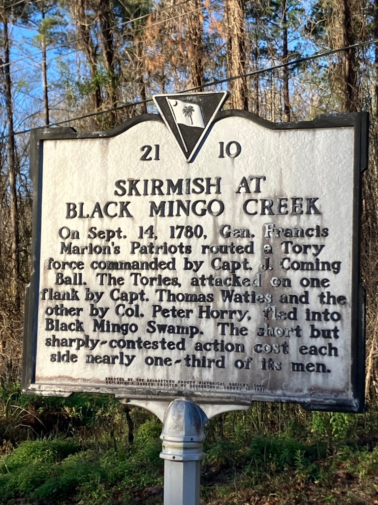 Historical marker 21-10 for the Skirmish at Black Mingo Creek, September 1780