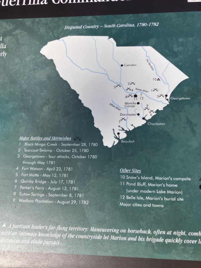 Close view of the sign's map of Francis Marion's engagements, 1780–1782
