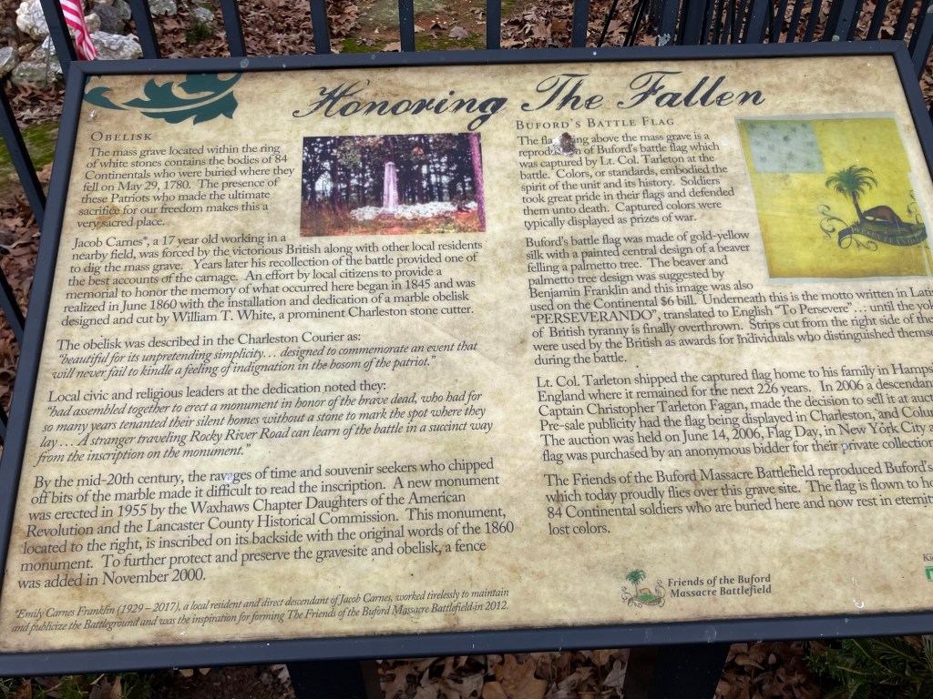 Close view of the Honoring the Fallen panel at the Waxhaws battlefield