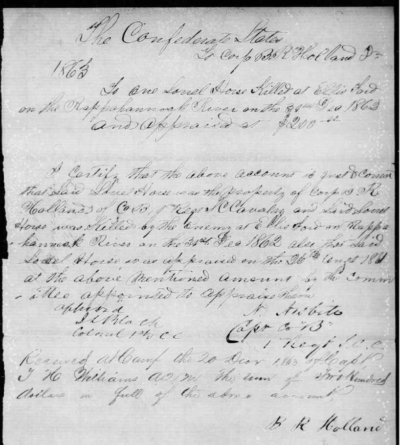 Handwritten Confederate document about Bluford R. Holland's horse