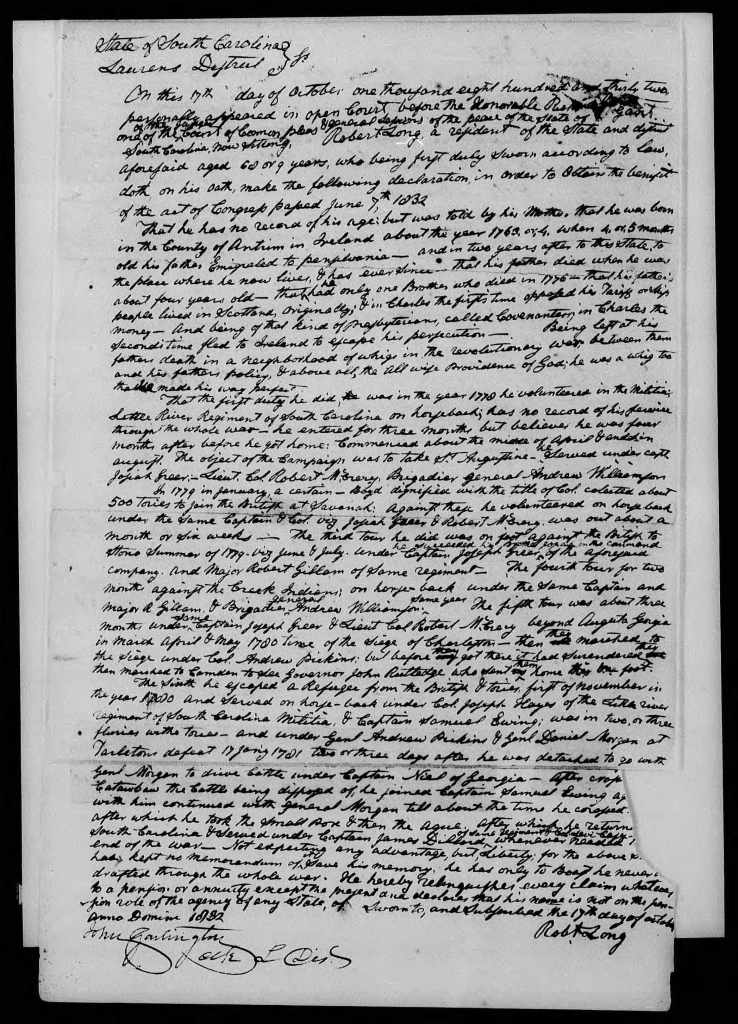 Page from Robert Long's pension application, S7157
