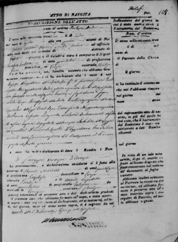 Birth act of a foundling boy registered as Giuseppe Leonessa di Cosenza, Cosenza, 16 April 1832