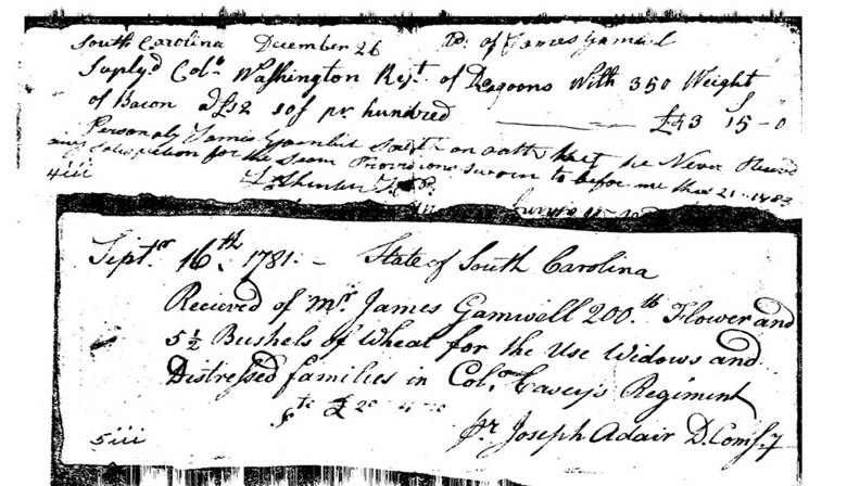 Two 1781 receipts for supplies signed by Joseph Adair as deputy commissary