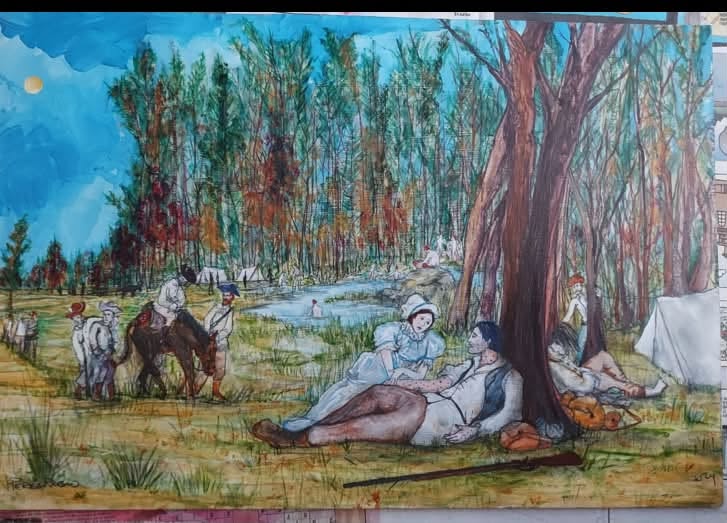 Painting by Jorge Perez-Rubio of Patriot and Loyalist militiamen resting at Liberty Springs