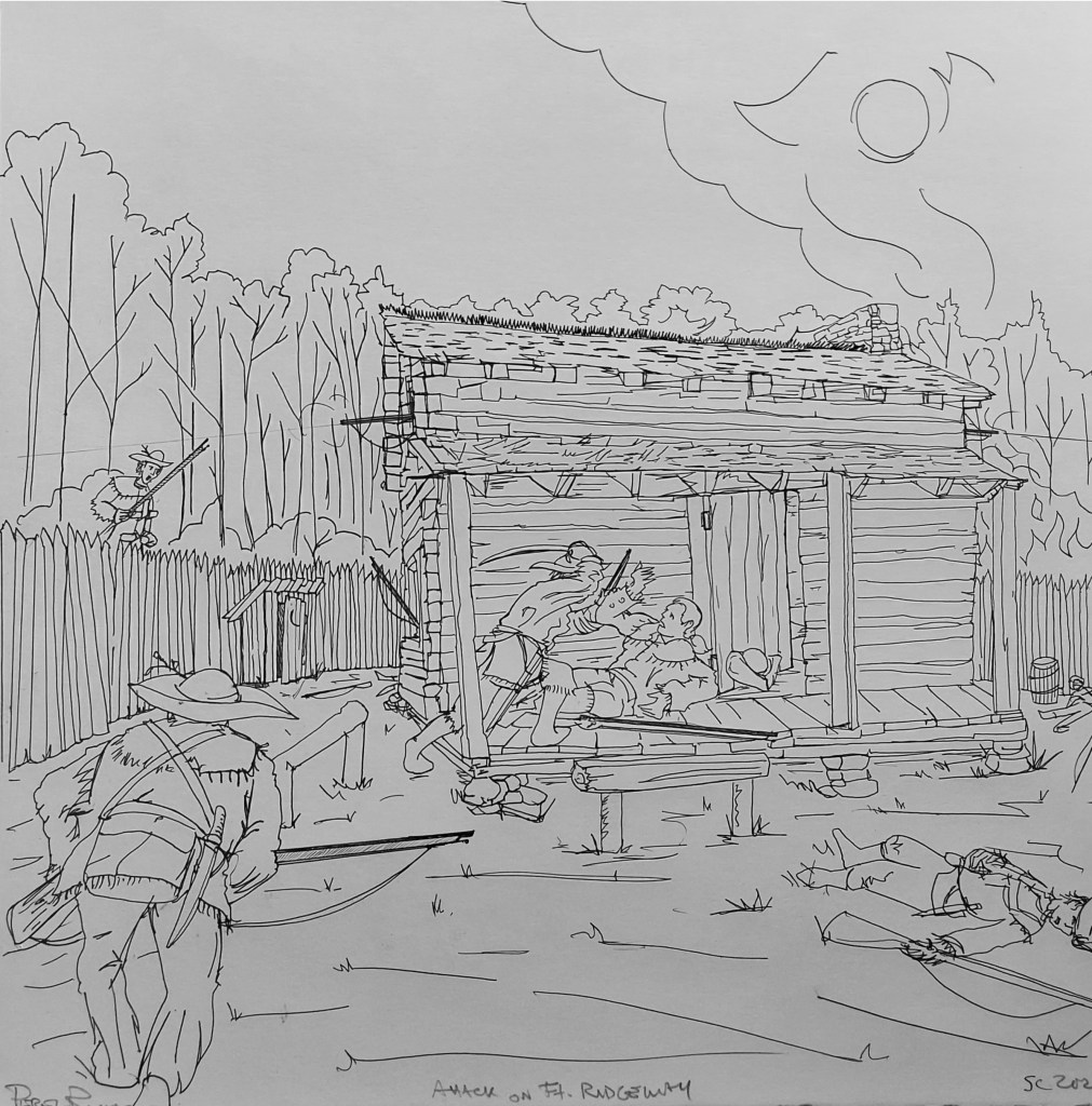 Drawing by Jorge Perez-Rubio of a Loyalist raider attacking Capt. John Ridgeway inside a log blockhouse